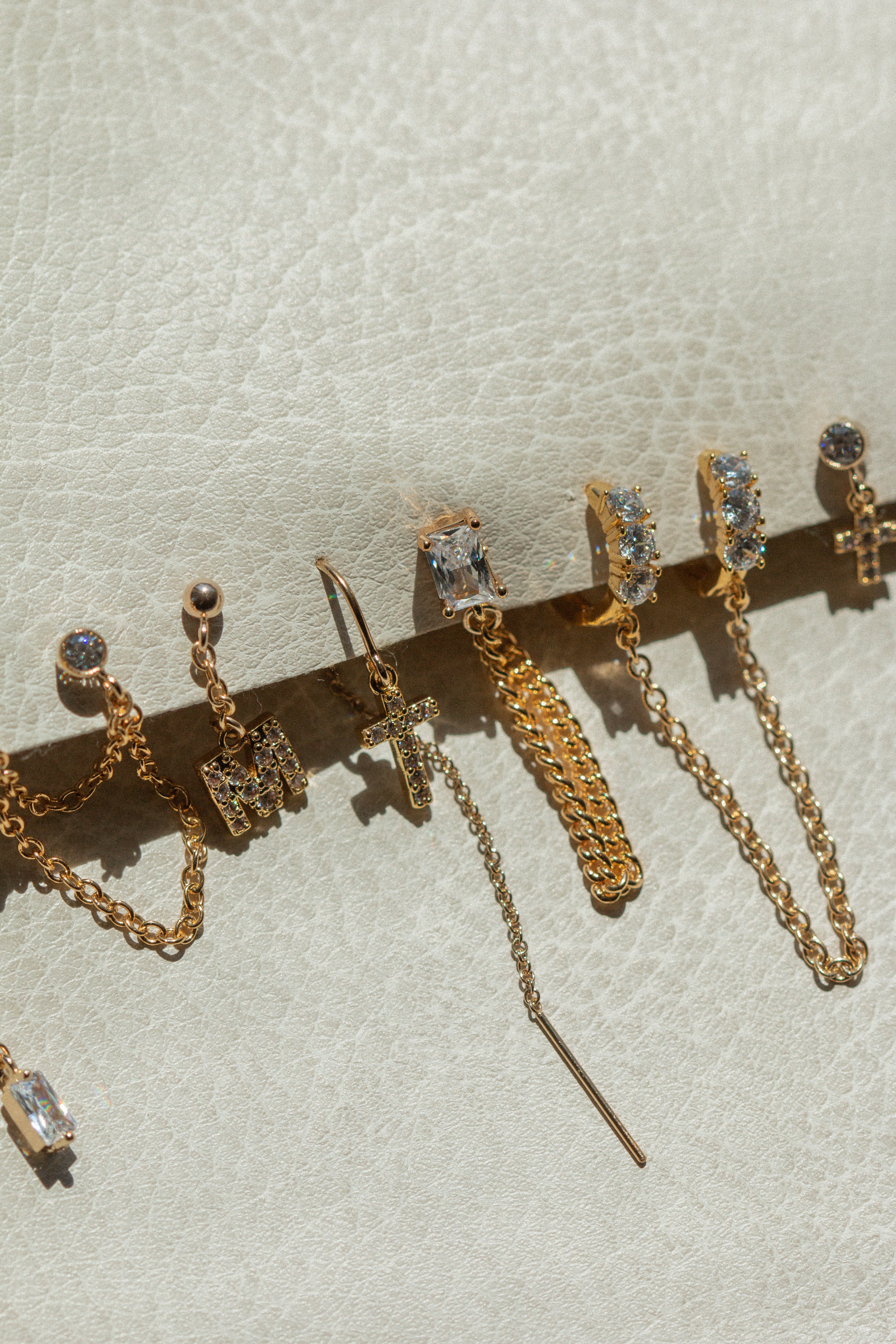 cz earring with chain, stacking earring, statement earring, dainty earring, gold filled earring, connected earring, dainty stud, stud earring, dainty stud, gold stud, gold earring, earrings with chain.