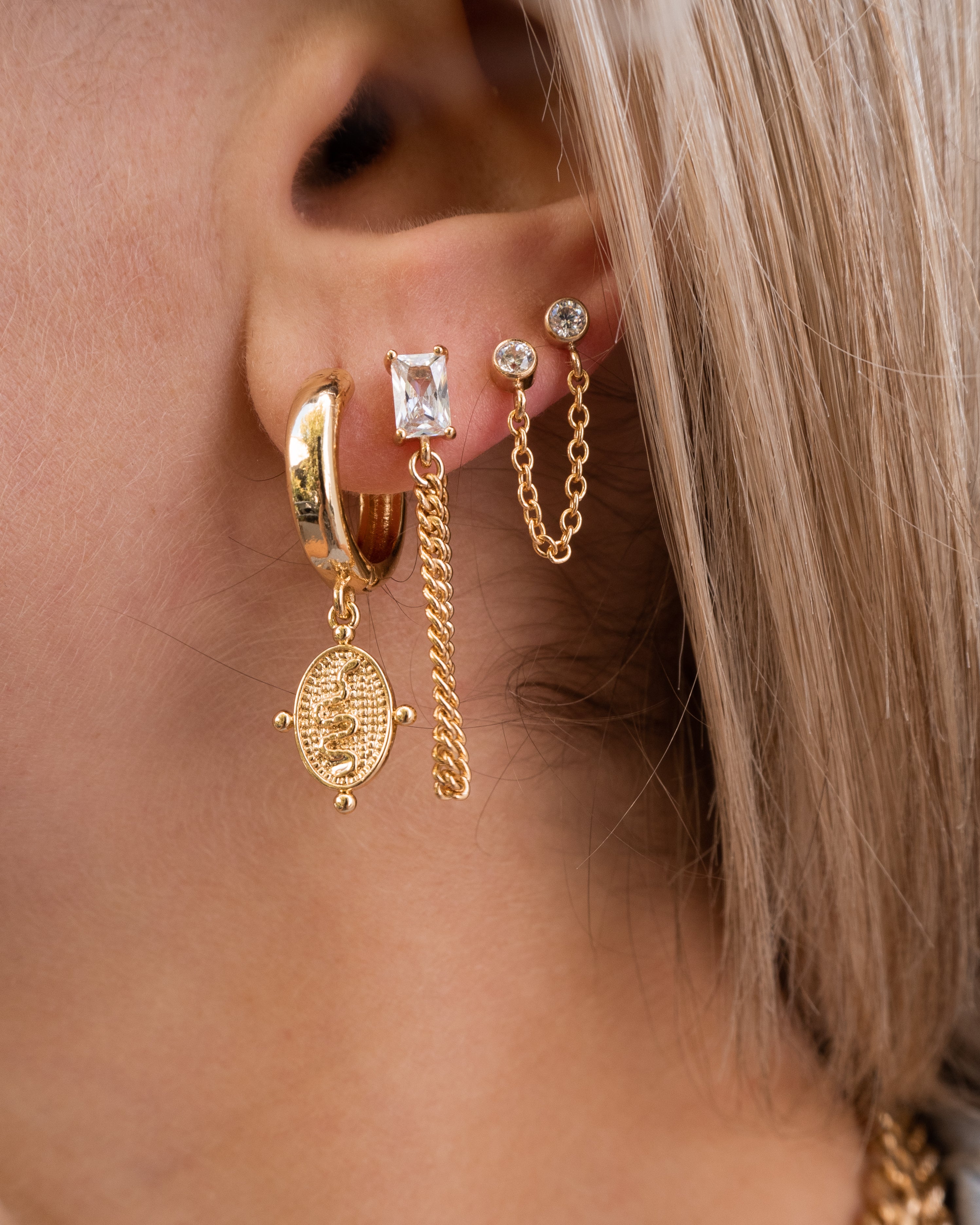 cz earring with chain, stacking earring, statement earring, dainty earring, gold filled earring, connected earring, dainty stud, stud earring, dainty stud, gold stud, gold earring, earrings with chain.