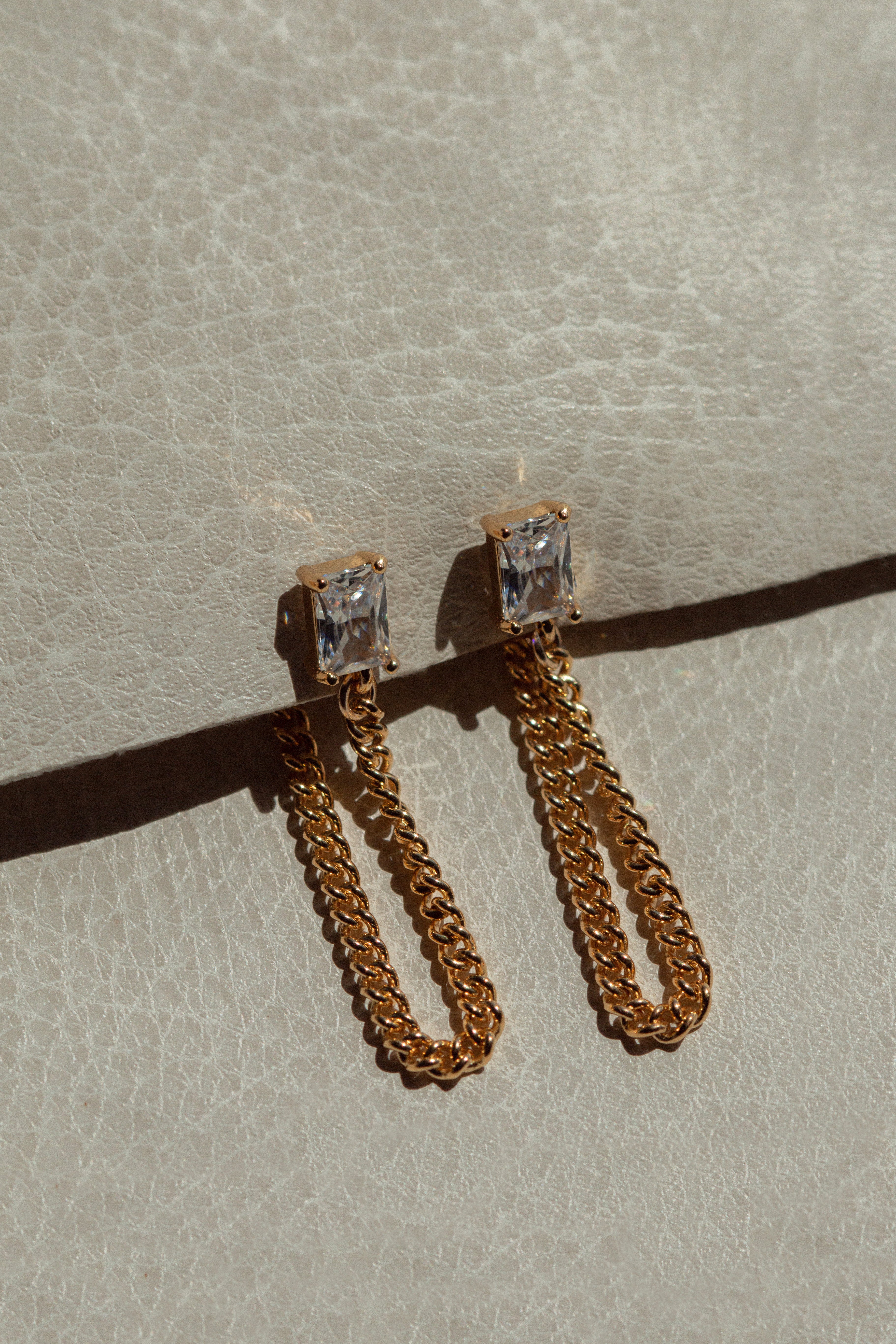cz earring with chain, stacking earring, statement earring, dainty earring, gold filled earring, connected earring, dainty stud, stud earring, dainty stud, gold stud, gold earring, earrings with chain.