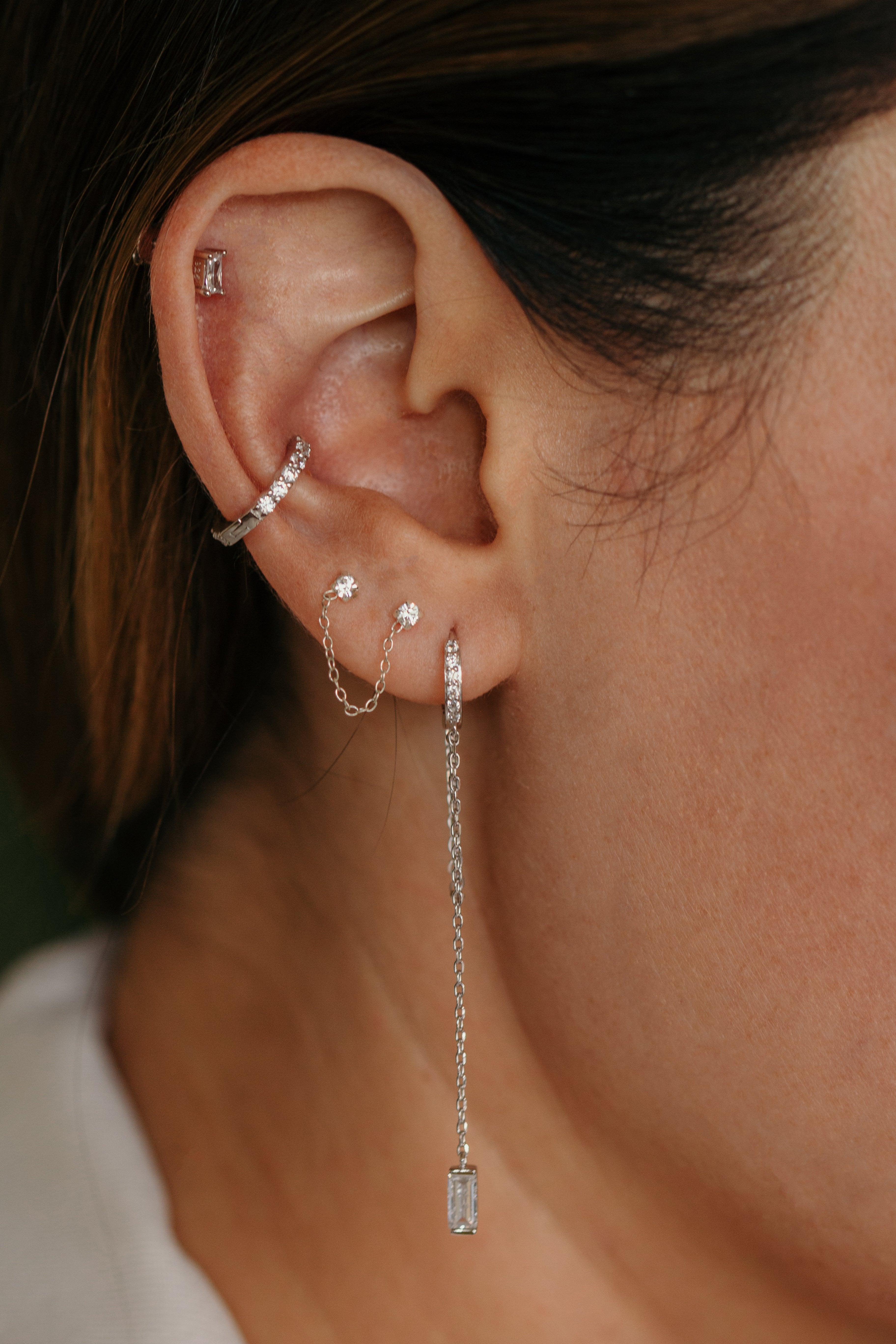 Double piercing earrings, multiple piercing connected earrings with chain