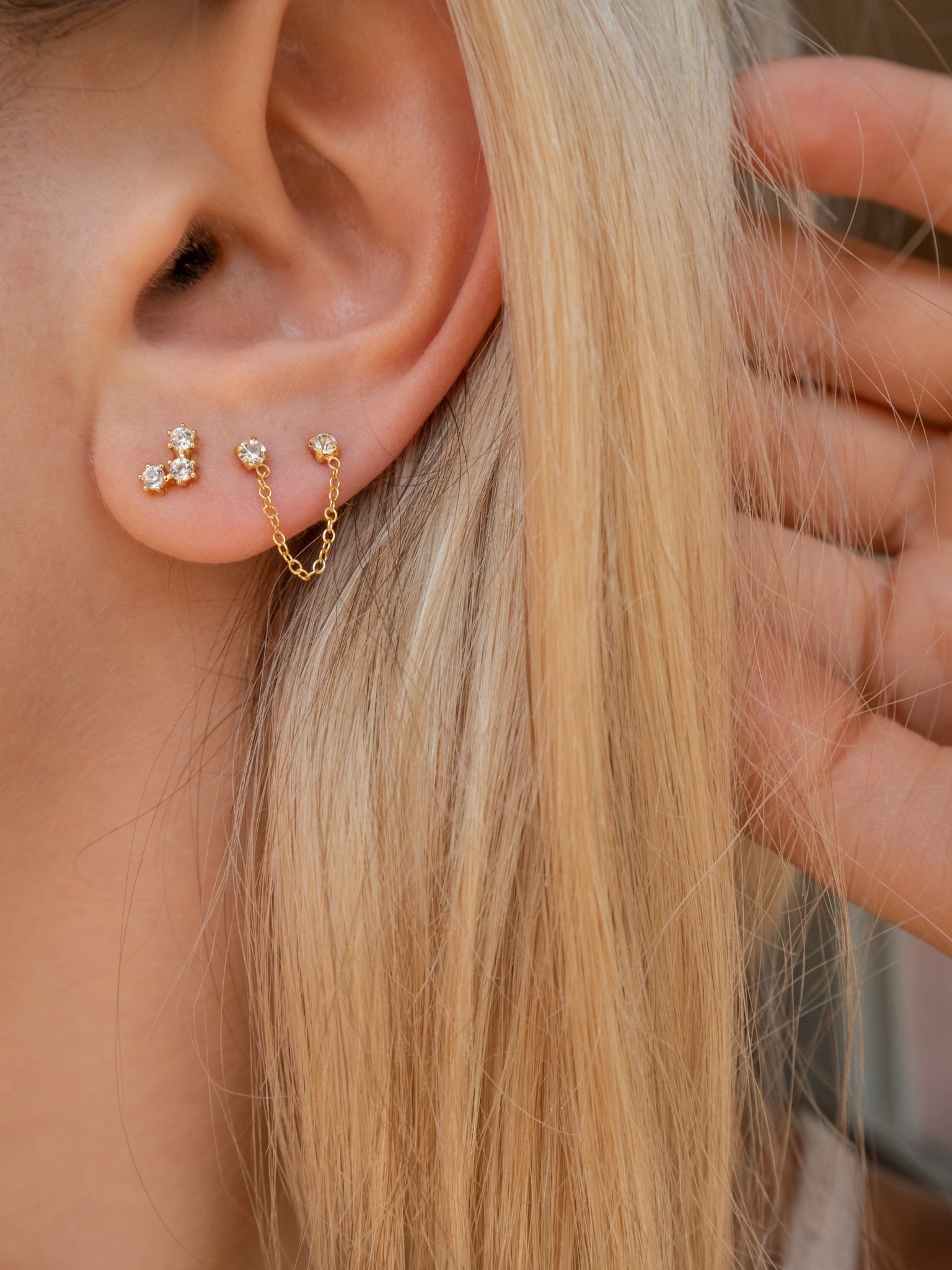 Double Piercing Earrings, Multiple Piercing Connected Earrings with Chain Gold