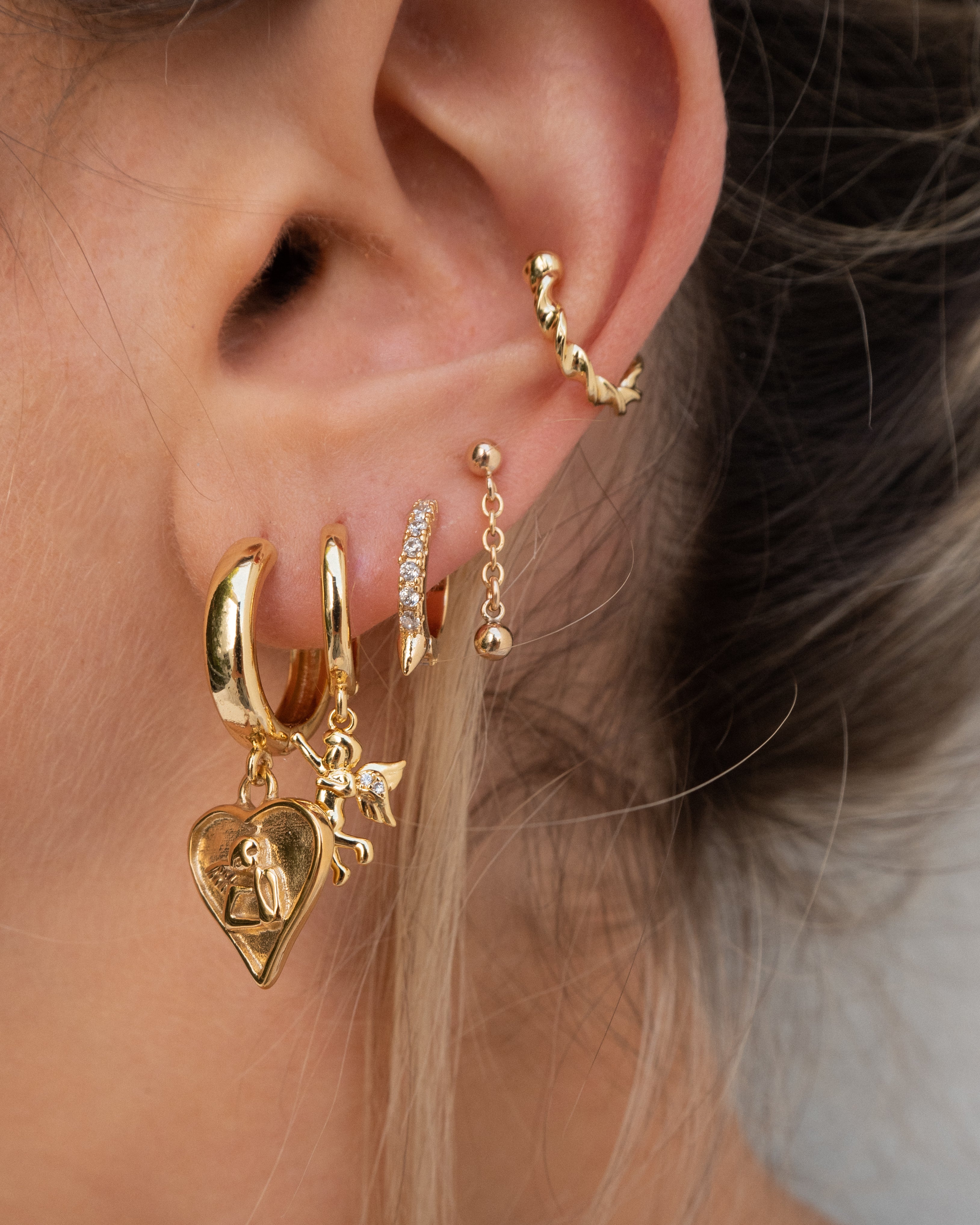 dainty huggie hoops, huggie earrings, gold filled huggie, thin hoop earrings, stacking earrings, stacking hoops, angel earrings, earring with angel, huggie angel charm, dainty hoop earrings, gold filled earirngs