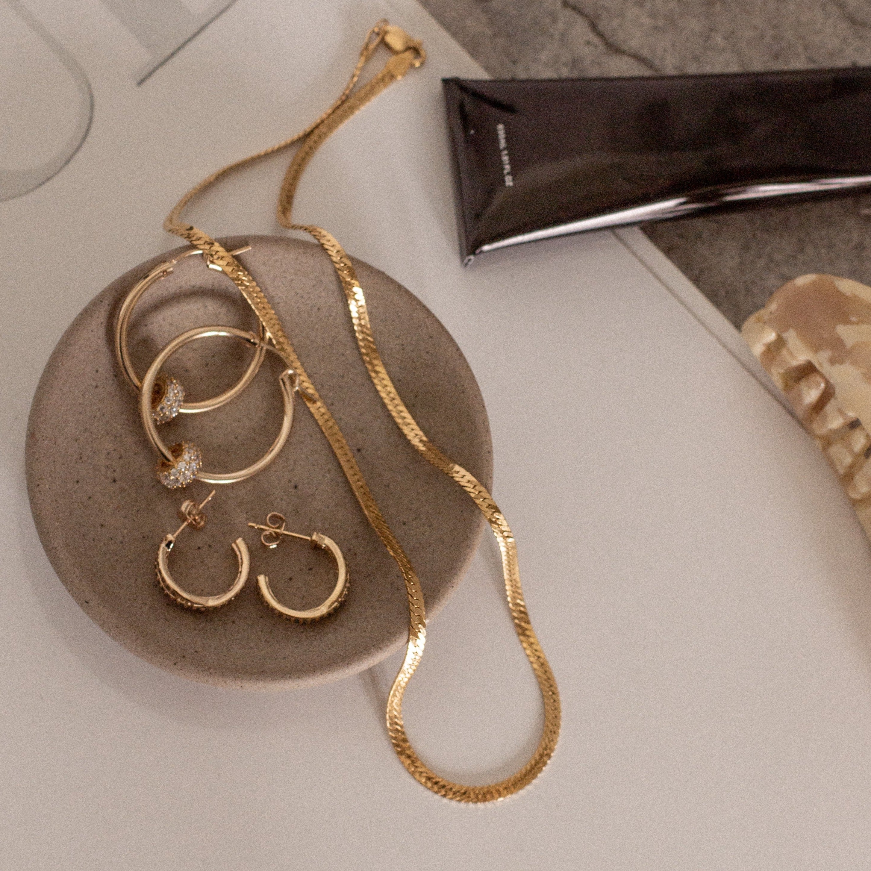 Gold filled herringbone necklace with hoop earrings