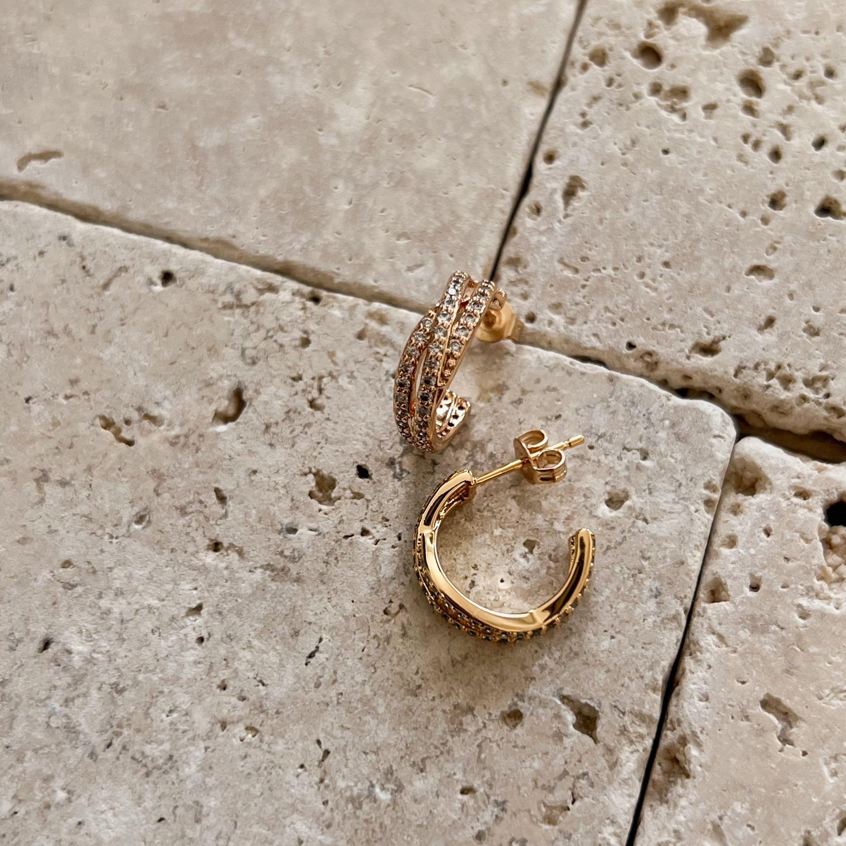 dainty triple huggie hoop earrings with diamonds